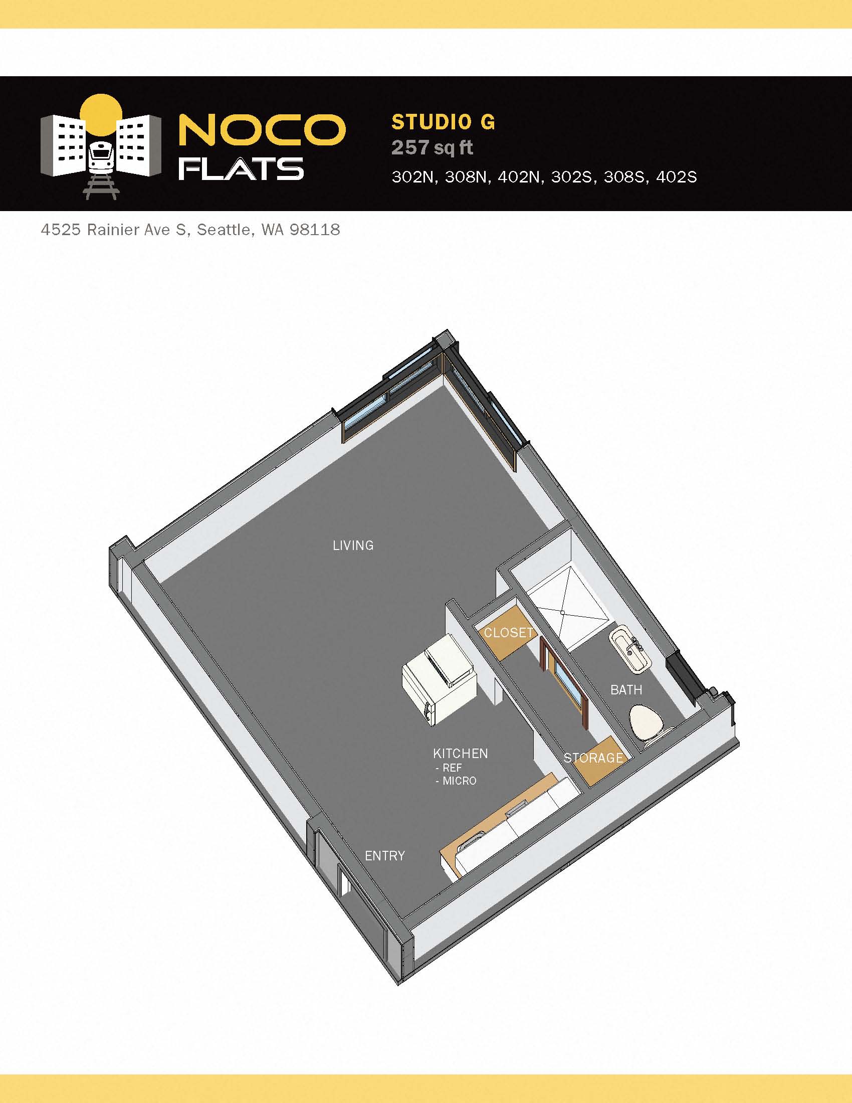 Floor plan for studio, 1 bath, 257 sqft